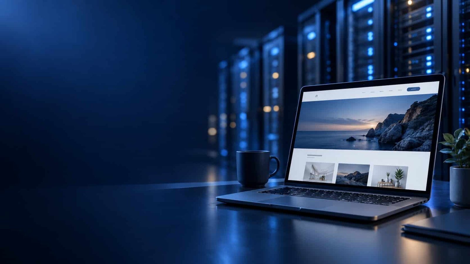 Laptop on a desk in front of a row of blue-lit servers